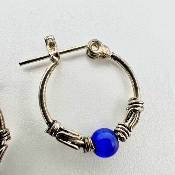 Vintage Silver Tone Hoop Earrings Blue Bead Wire Wrap Boho Gypsy Style Pair - Picture 4 of 9